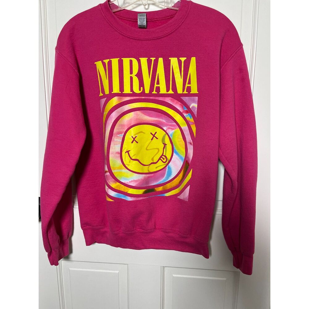 Nirvana Pink Smiley Face Crewneck Sweatshirt Gildan Heavy Blend Size S Grunge